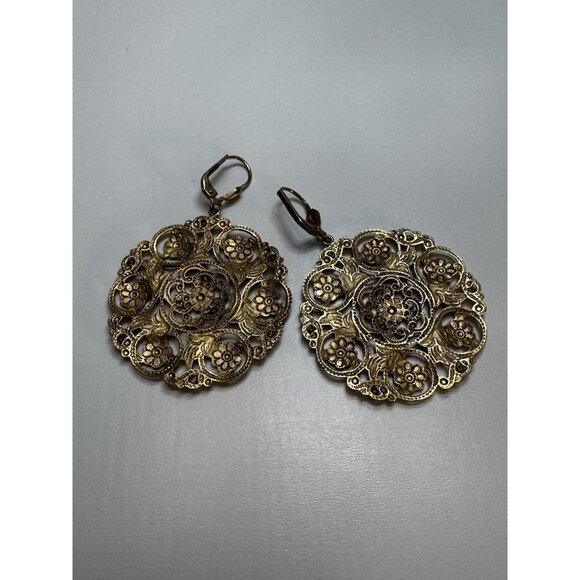 Vintage Gold Filigree Drop Earrings Turquoise Enamel Floral Boho Statement - Picture 7 of 8